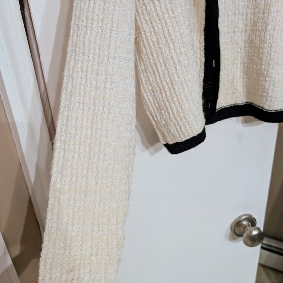 Mango MNG Pocket Tweed Cardigan Sweater Large Off White Black Cotton Blend EUC - Picture 11 of 15